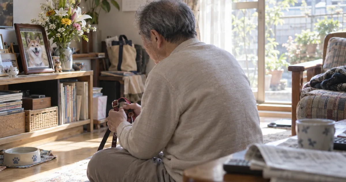 柴犬の写真を見ながら首輪とリードを手にする60代の男性
