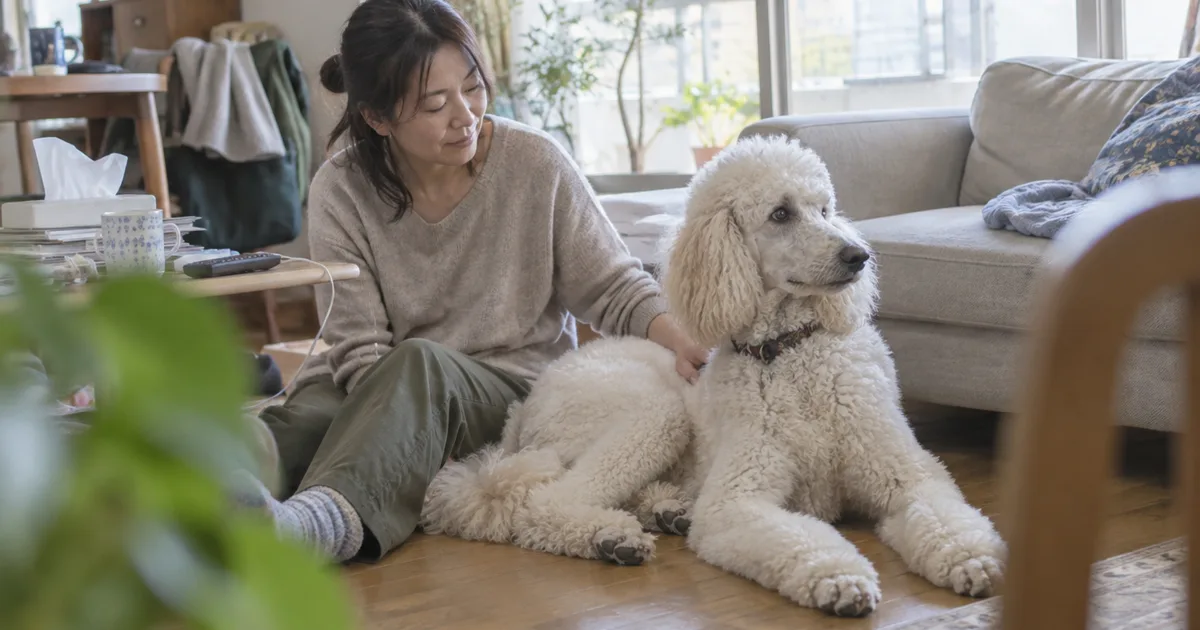 リビングの床で頭を上げるスタンダードプードルと、首元をなでる40代の女性