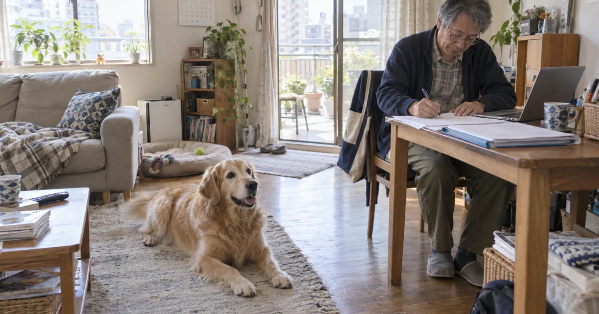 自宅の机で書類に記入する60代の男性と、床で伏せるゴールデンレトリバー