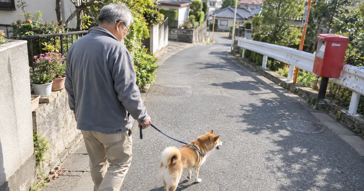 住宅街を柴犬と散歩する60代の男性