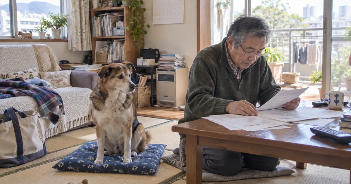 和室の座卓で資料を広げる60代の男性と、座布団の上の中型のミックス犬