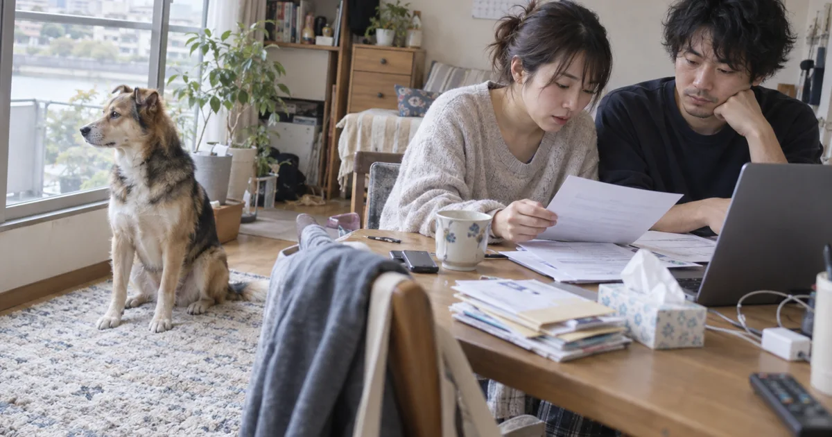 窓際の机で書類を読む若い夫婦と、ラグの上で窓の外を見る中型のミックス犬