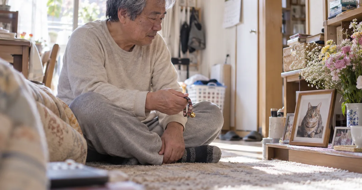 キジトラ猫の写真を見ながら鈴のついた首輪を手にする60代の男性