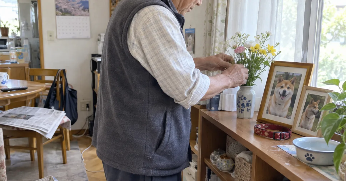 窓辺の棚に飾った柴犬の写真に花を生ける60代の男性