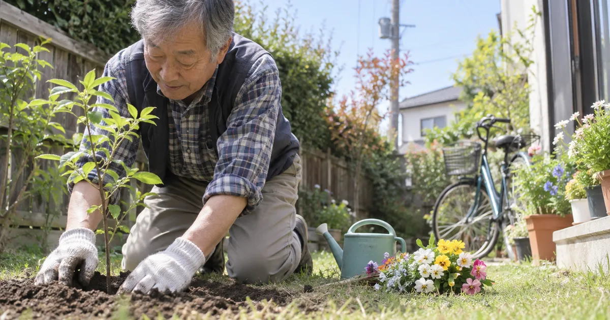 庭に若木を植える60代の男性