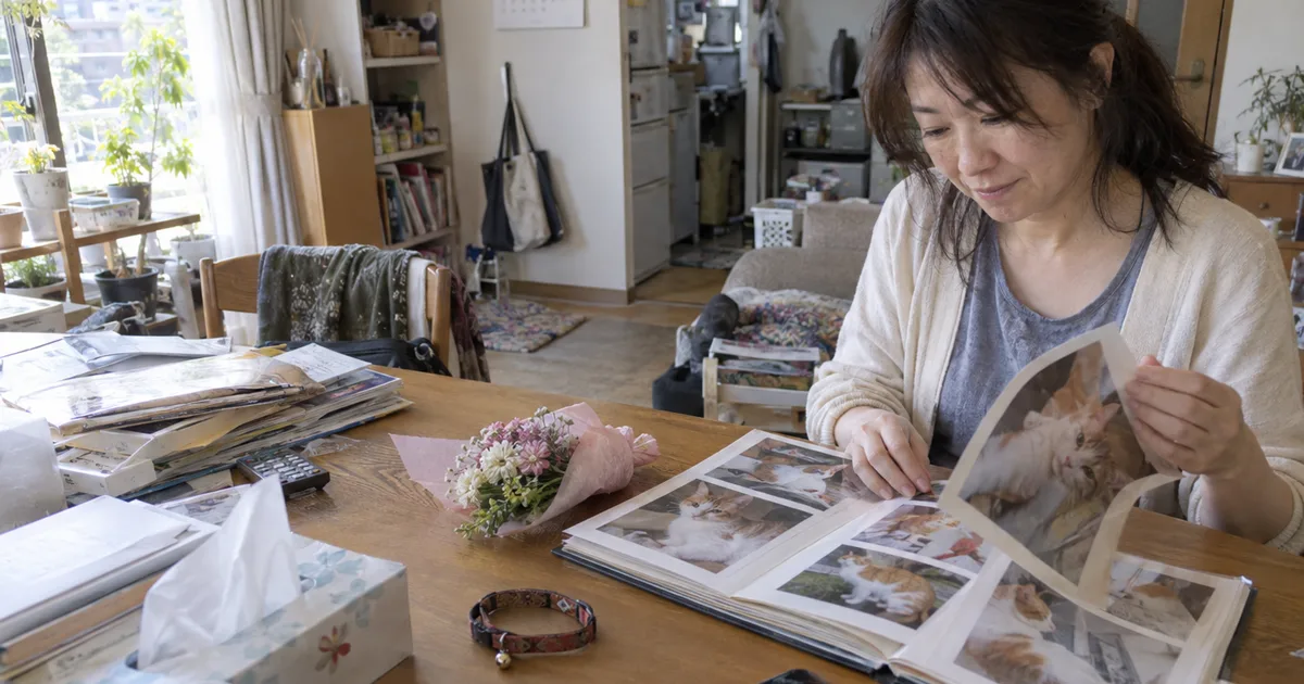 白茶の猫の写真アルバムをめくる40代の女性